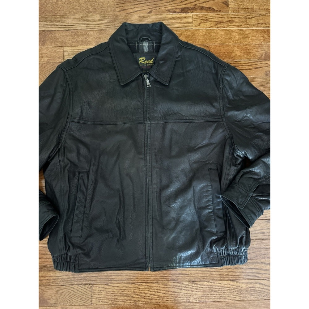 Reed Mens XL Black Leather Bomber Jacket Plaid Lined Full Zip Classic